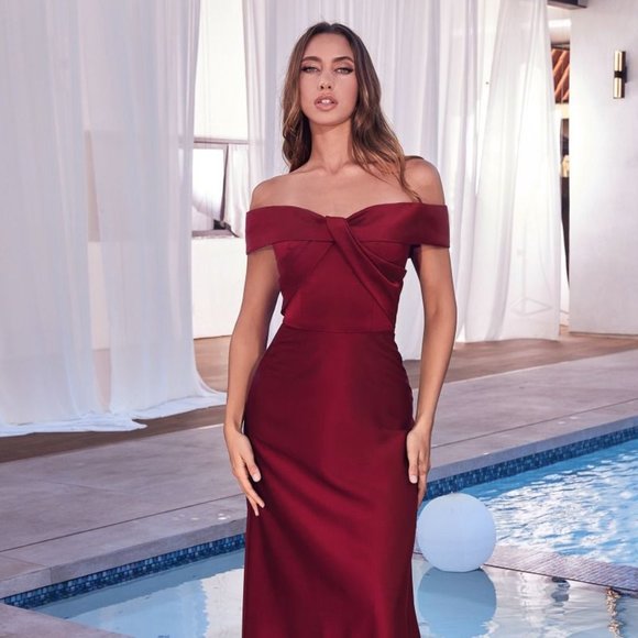 NEW OFF THE SHOULDER SLEEVELESS SHEATH SOLID SATIN DRESS...